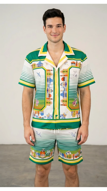 Mediterranean Cityscape Graphic Silk Cuban Collar Shirt – Green & White