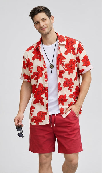 Beige Floral Print Short Sleeve Button-Up Shirt – Red Blossom Design