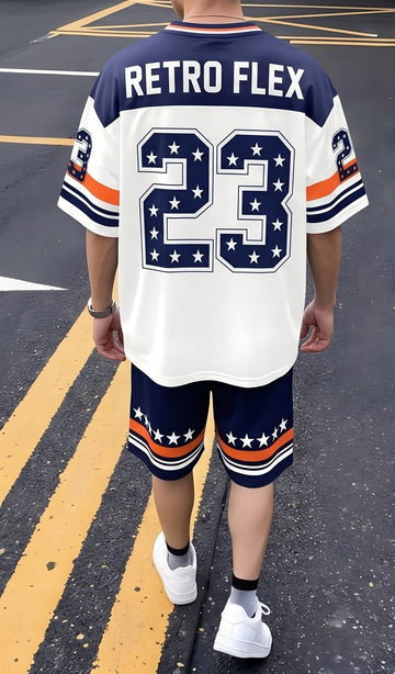 Colorblock Letter Print Jersey T-Shirt & Shorts Set – Navy & White
