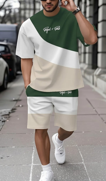 Color Block Co-Ord Set – Green, White & Beige T-Shirt with Matching Shorts