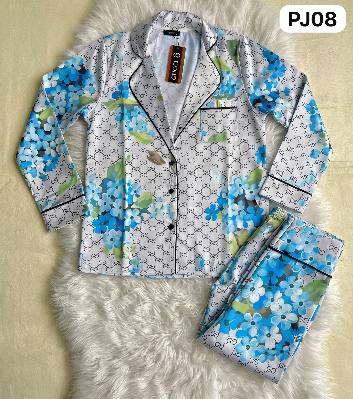 Royal Blue Monogram Silk Shirt - Blue & White