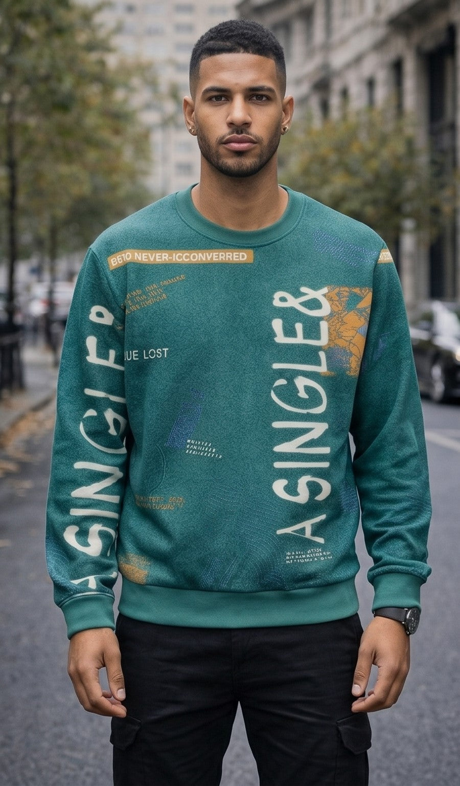 Dark Green Japanese Lettering Graphic Streetwear Pullover Sweatshirt