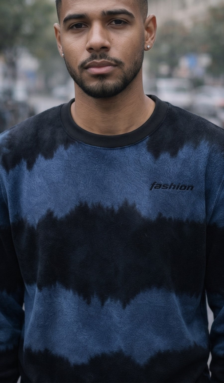 Navy Blue & Black Tie-Dye Crewneck Sweatshirt with “Fashion” Chest Print