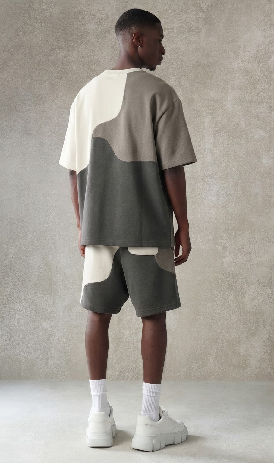 Wave Pattern Color Block T-Shirt – Stone Grey & White