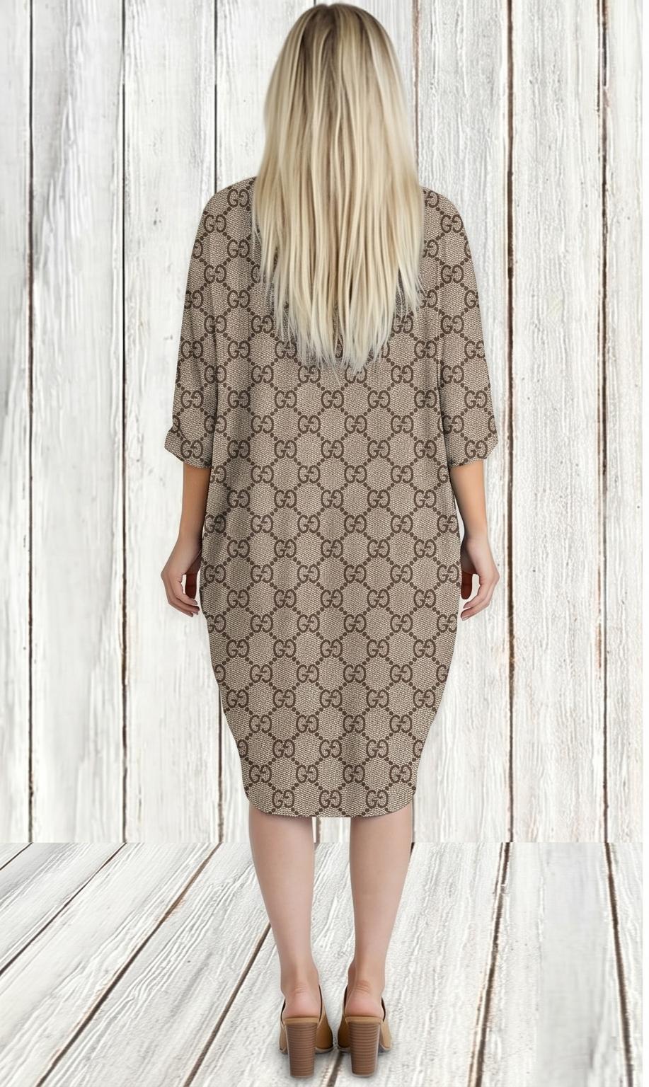 Heritage Stripe Monogram Dress – Beige, Brown & Red-Green Stripe