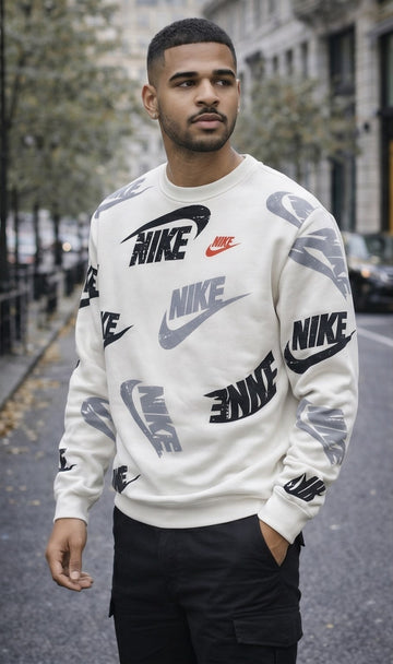 White All-Over Logo Print Street Sweatshirt – Black & Grey Accents