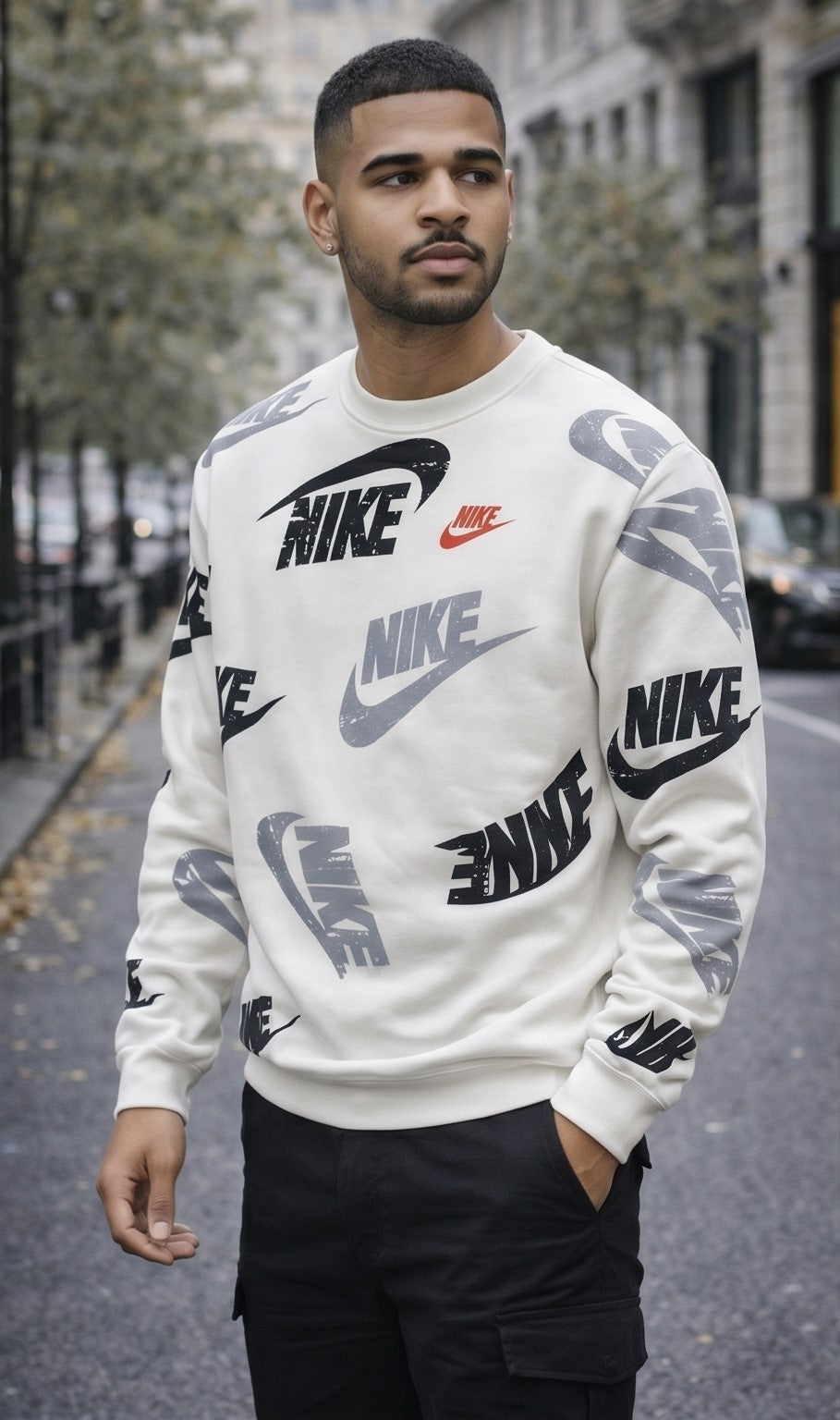 White All-Over Logo Print Street Sweatshirt – Black & Grey Accents