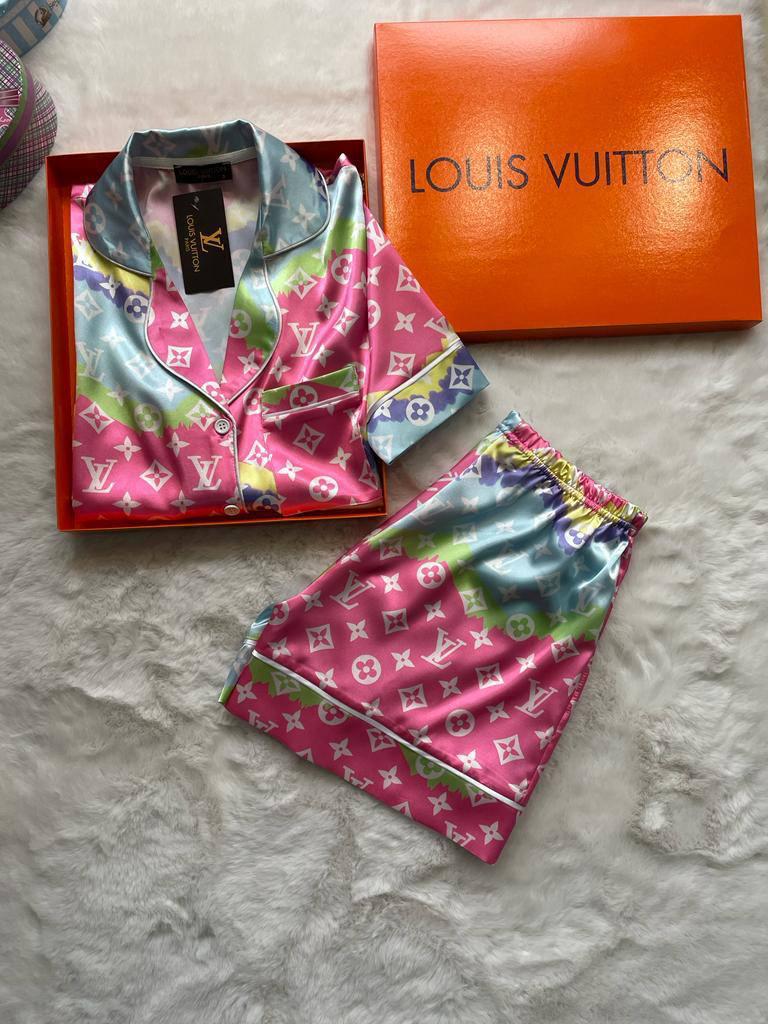 Pink & Multicolor Monogram Satin Pajama Set