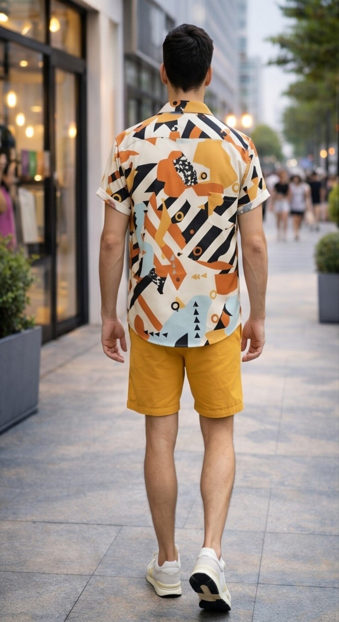 Abstract Geometric Print Short Sleeve Button-Up Shirt – White, Orange & Black
