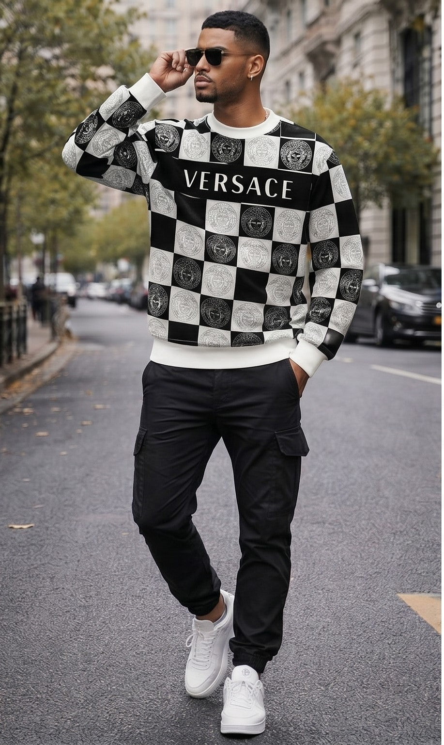 Monochrome All-Over Pattern Wool Blend Sweater – Black & White