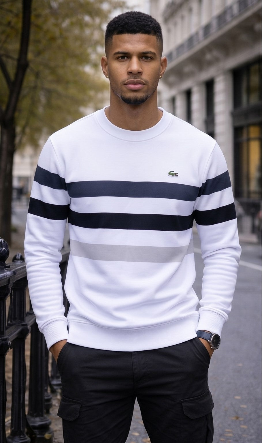 Lacoste Striped Crew Neck Sweater - White, Navy & Grey