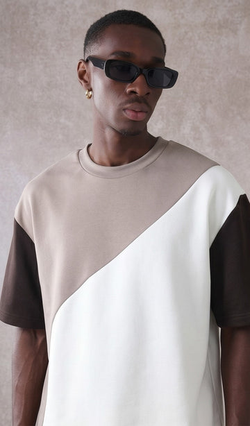 Color Block Casual T-Shirt – Beige, White & Black