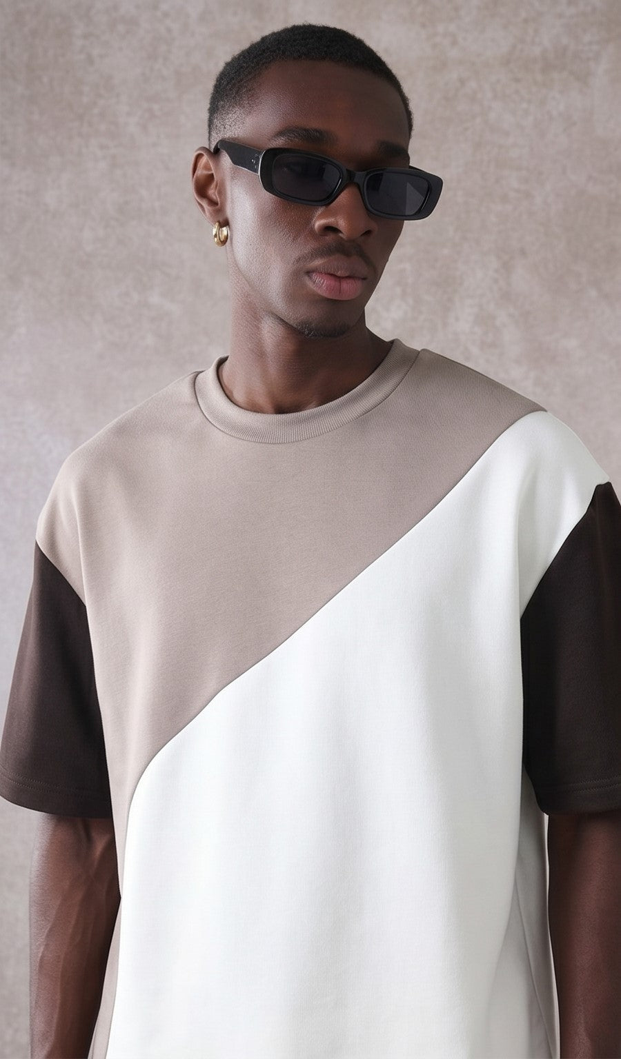 Color Block Casual T-Shirt – Beige, White & Black