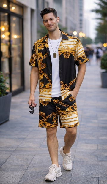 Baroque Print Button-Up Shirt – Black & Gold Yellow