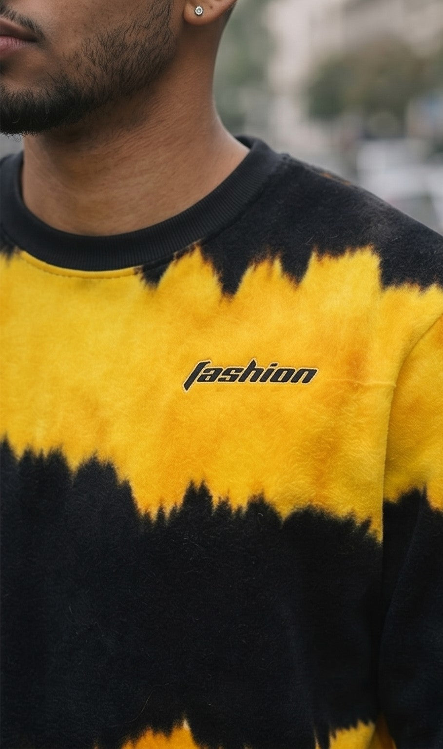 Yellow & Black Tie-Dye Crewneck Sweatshirt with Graphic Detail