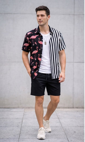 Split Design Flamingo & Stripe Button-Up Shirt – Black & White Contrast