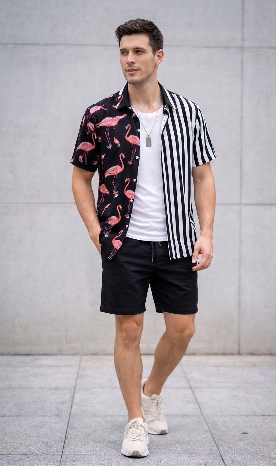Split Design Flamingo & Stripe Button-Up Shirt – Black & White Contrast
