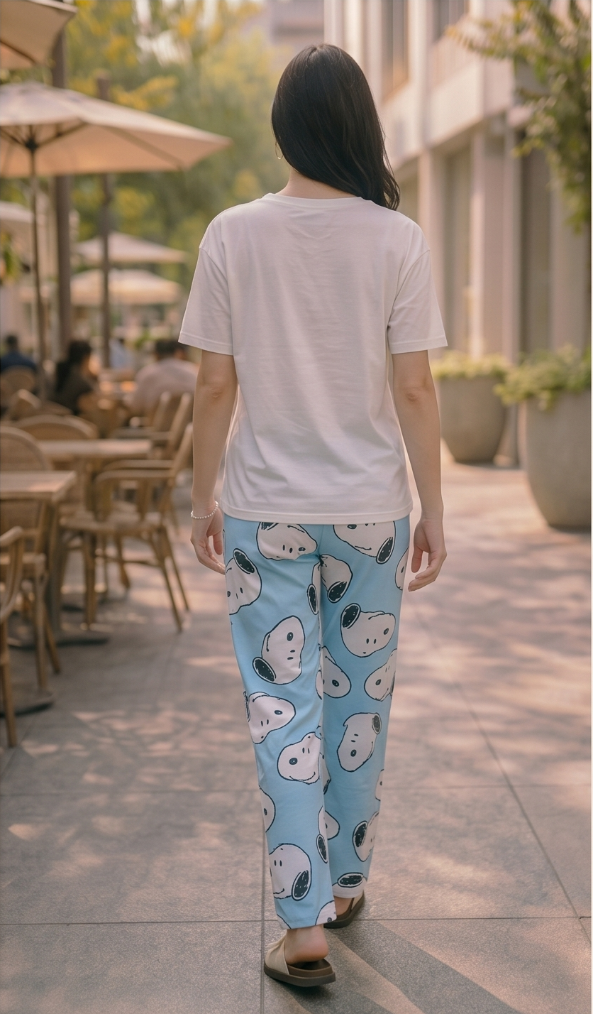 Sky Cartoon Plush Pajama Pants – Light Blue