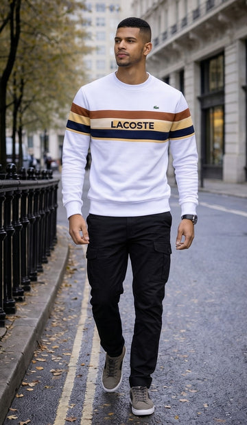 Colorblock Stripe Fleece Crewneck Sweatshirt – White, Brown, Beige & Navy