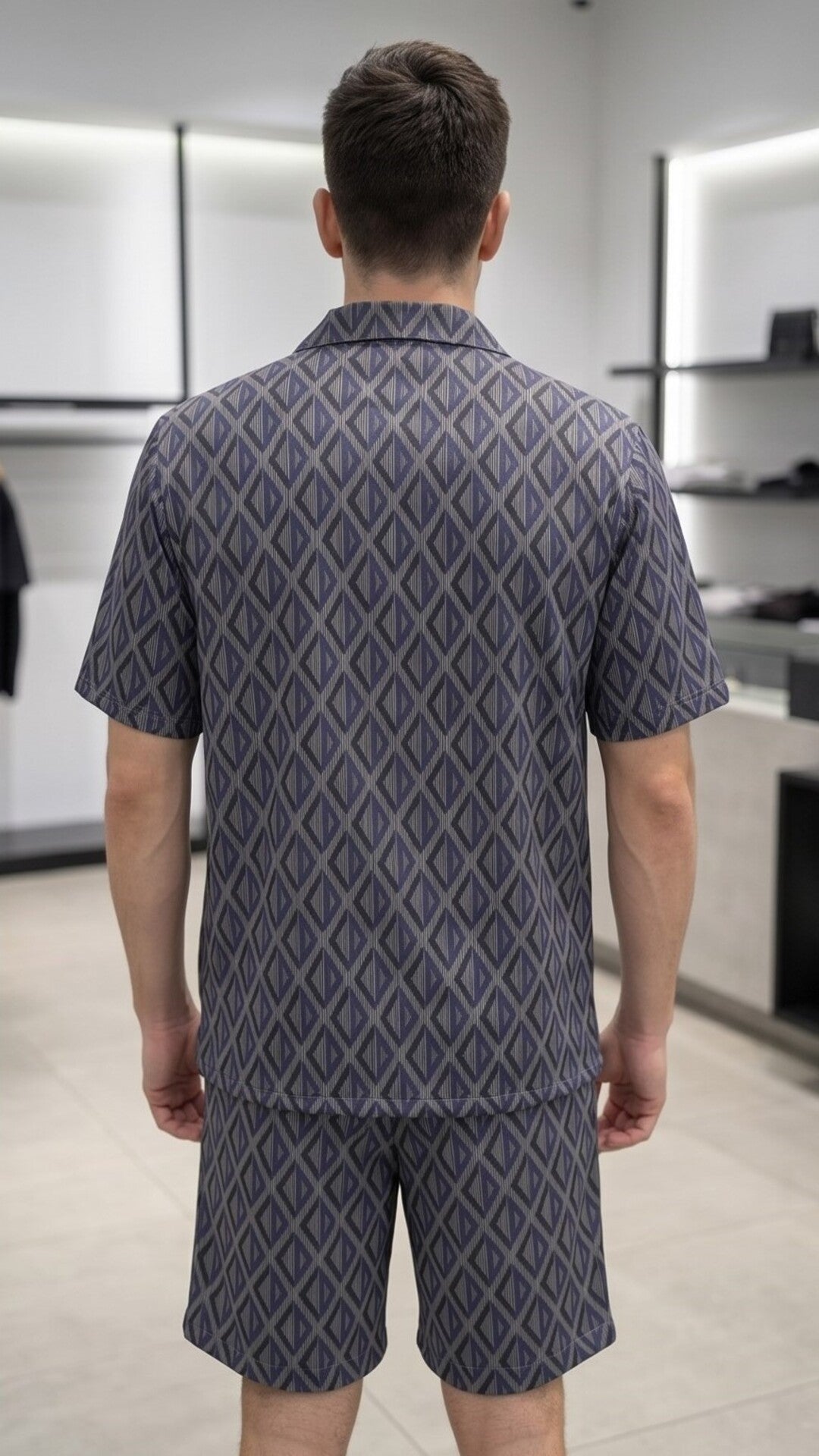 Grey & Blue Patterned Short Sleeve Button-Up Shirt – Modern Casual Fit