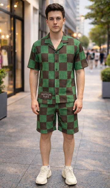 Damier Print Silk Co-Ord Set – Green