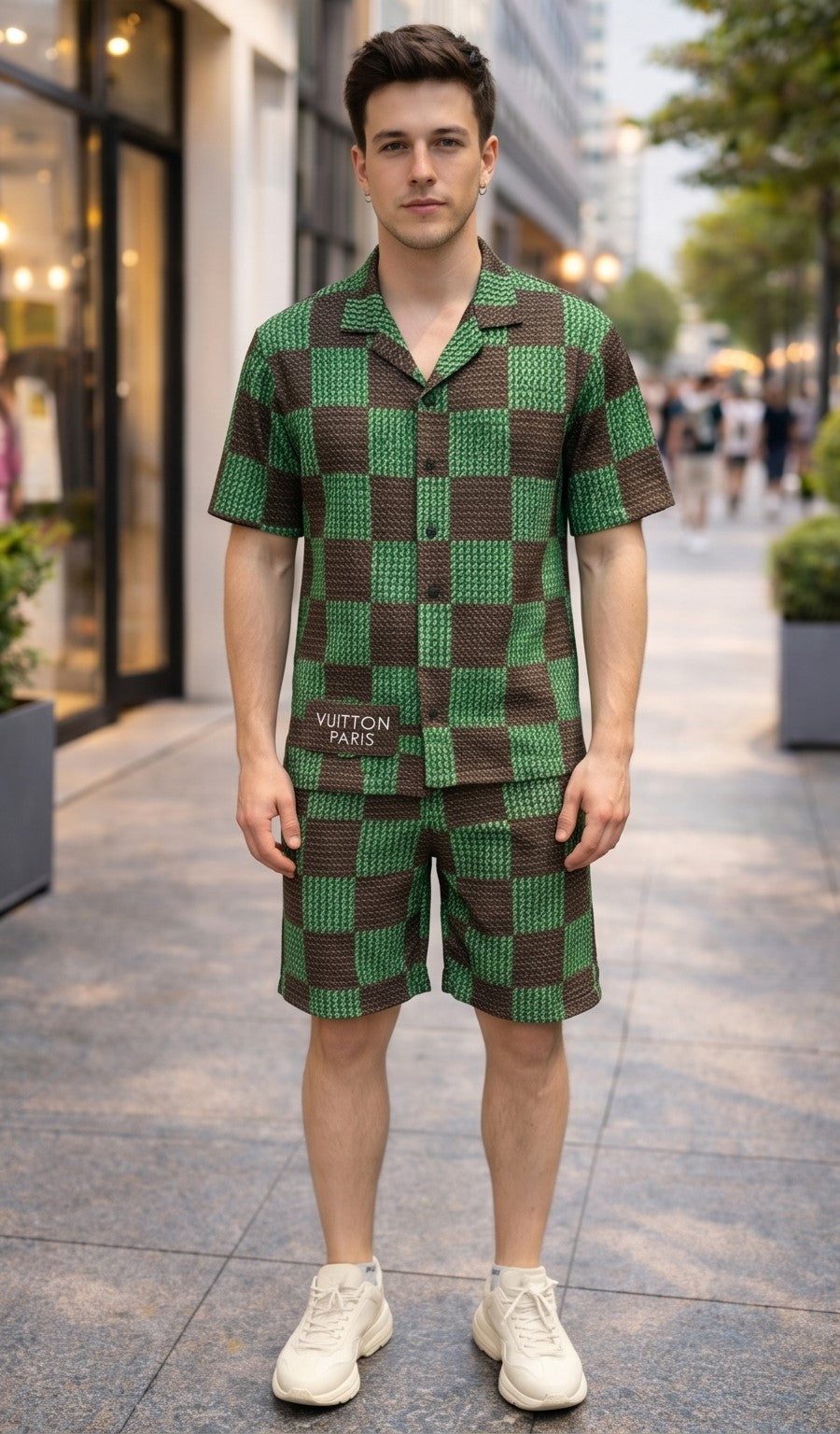 Damier Print Silk Co-Ord Set – Green