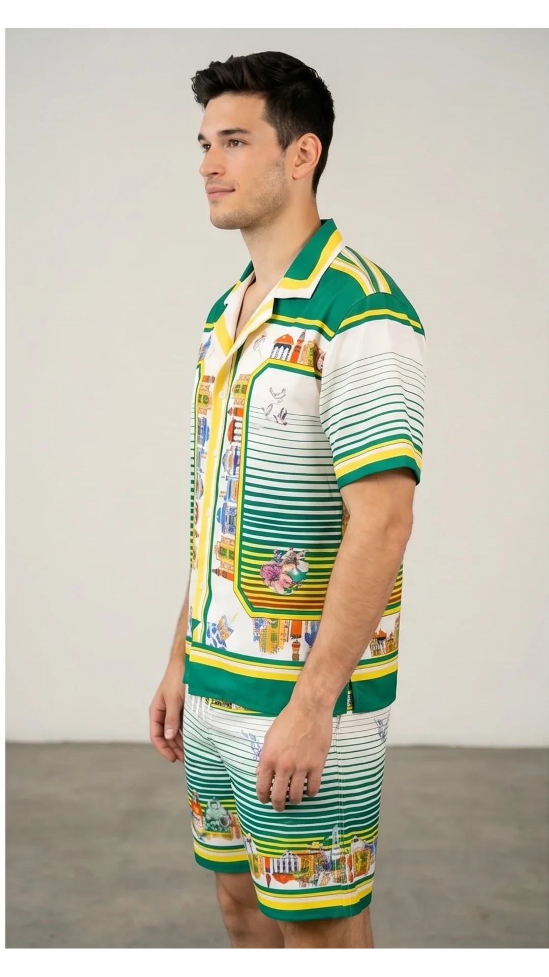 Mediterranean Cityscape Graphic Silk Cuban Collar Shirt – Green & White