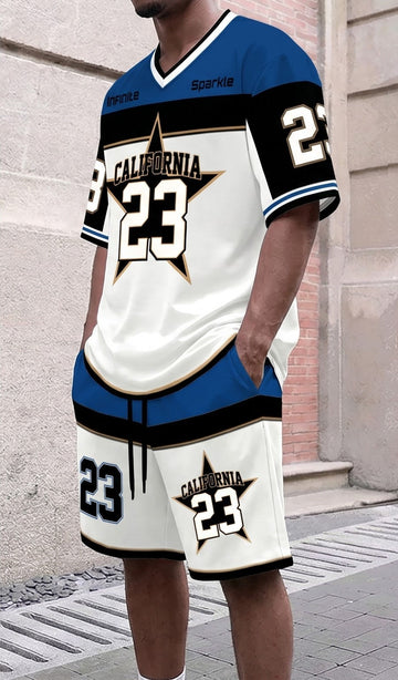 Star Detail Letter Print V-Neck T-Shirt & Drawstring Shorts Set – Blue, White & Black