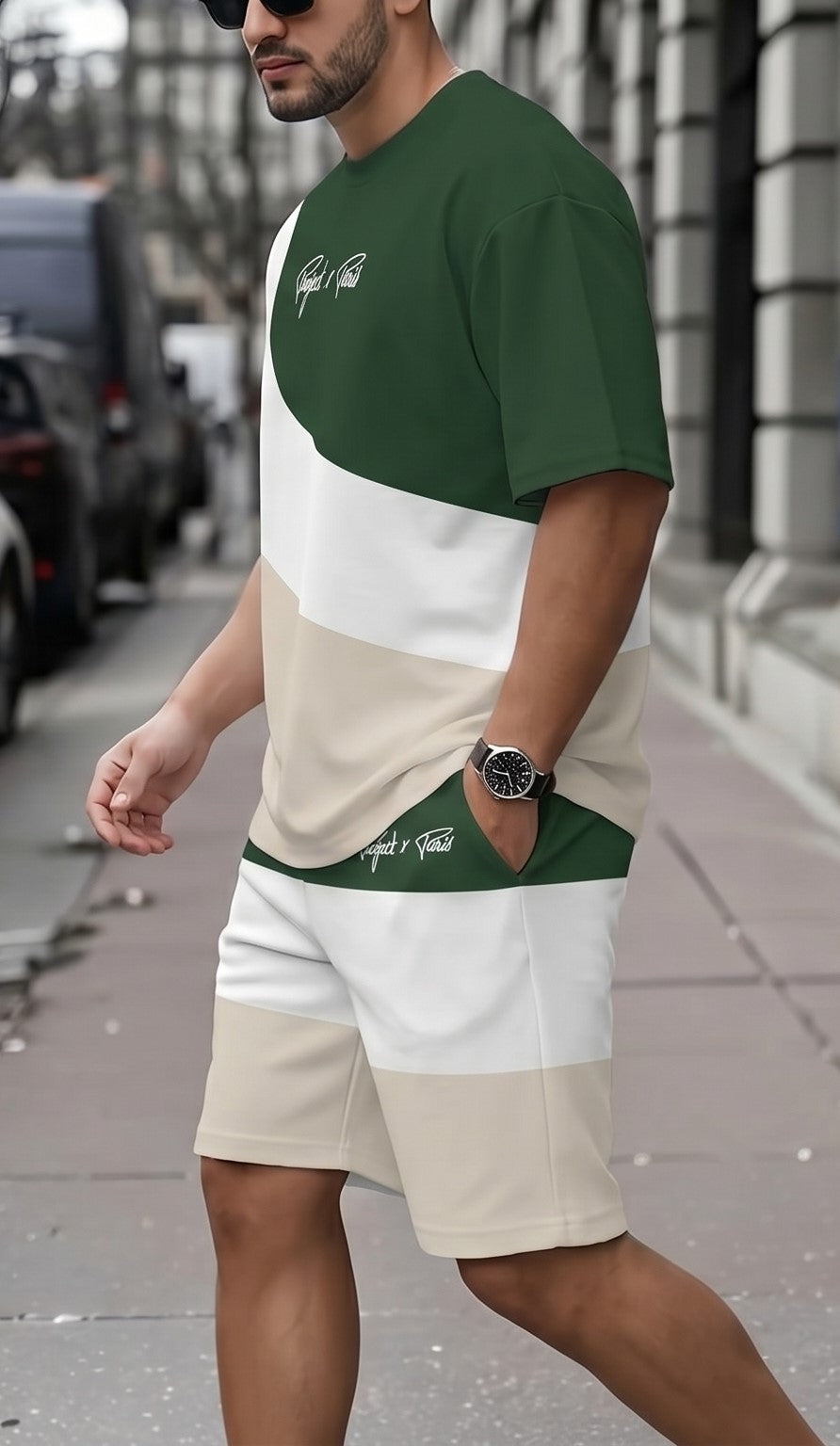 Color Block Co-Ord Set – Green, White & Beige T-Shirt with Matching Shorts