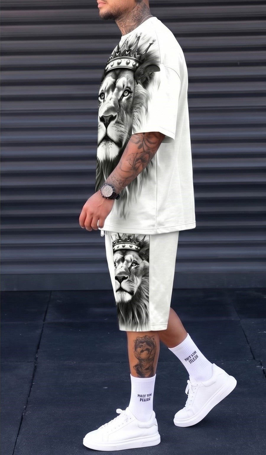 Lion Print Graphic T-Shirt & Shorts Co-Ord Set – White Casual Fit
