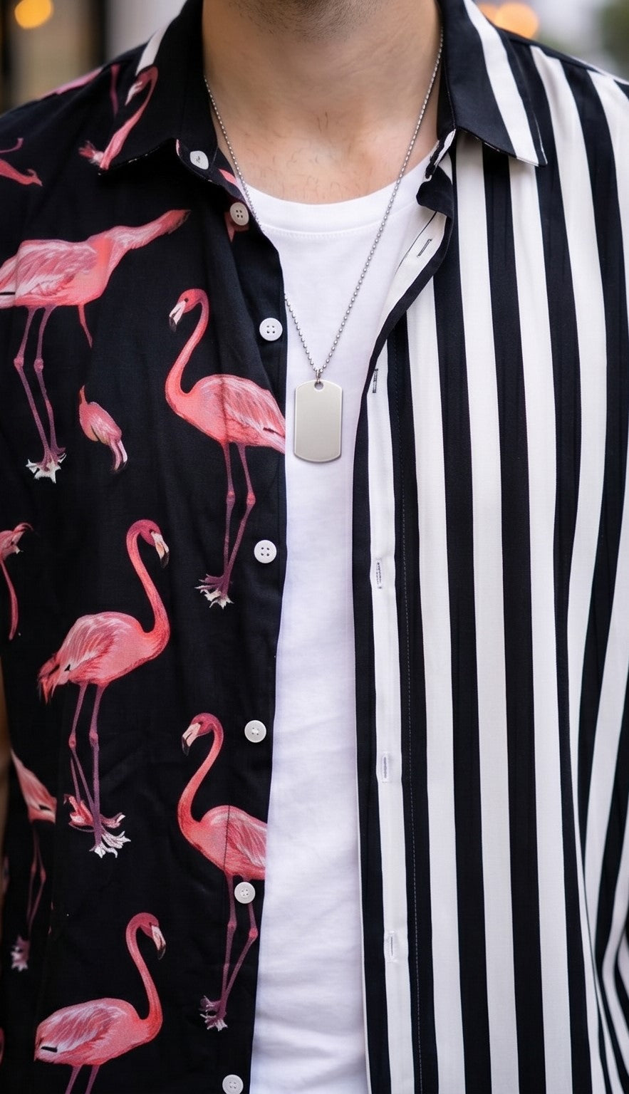 Split Design Flamingo & Stripe Button-Up Shirt – Black & White Contrast