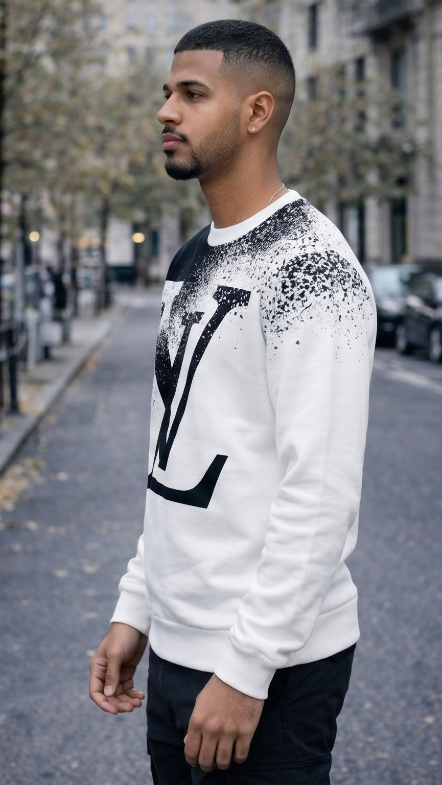 Monochrome Gradient Monogram-Inspired Crewneck Sweatshirt – Black & White