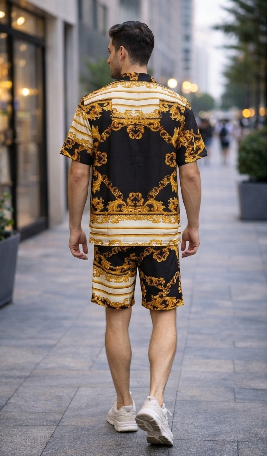 Baroque Print Button-Up Shirt – Black & Gold Yellow