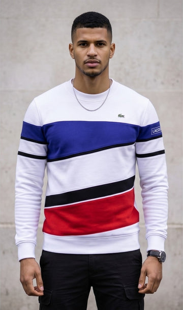 Lacoste Colorblock Fleece Sweatshirt - White, Blue & Red