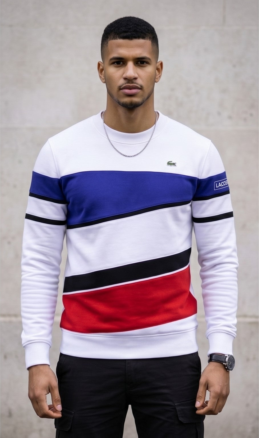 Lacoste Colorblock Fleece Sweatshirt - White, Blue & Red