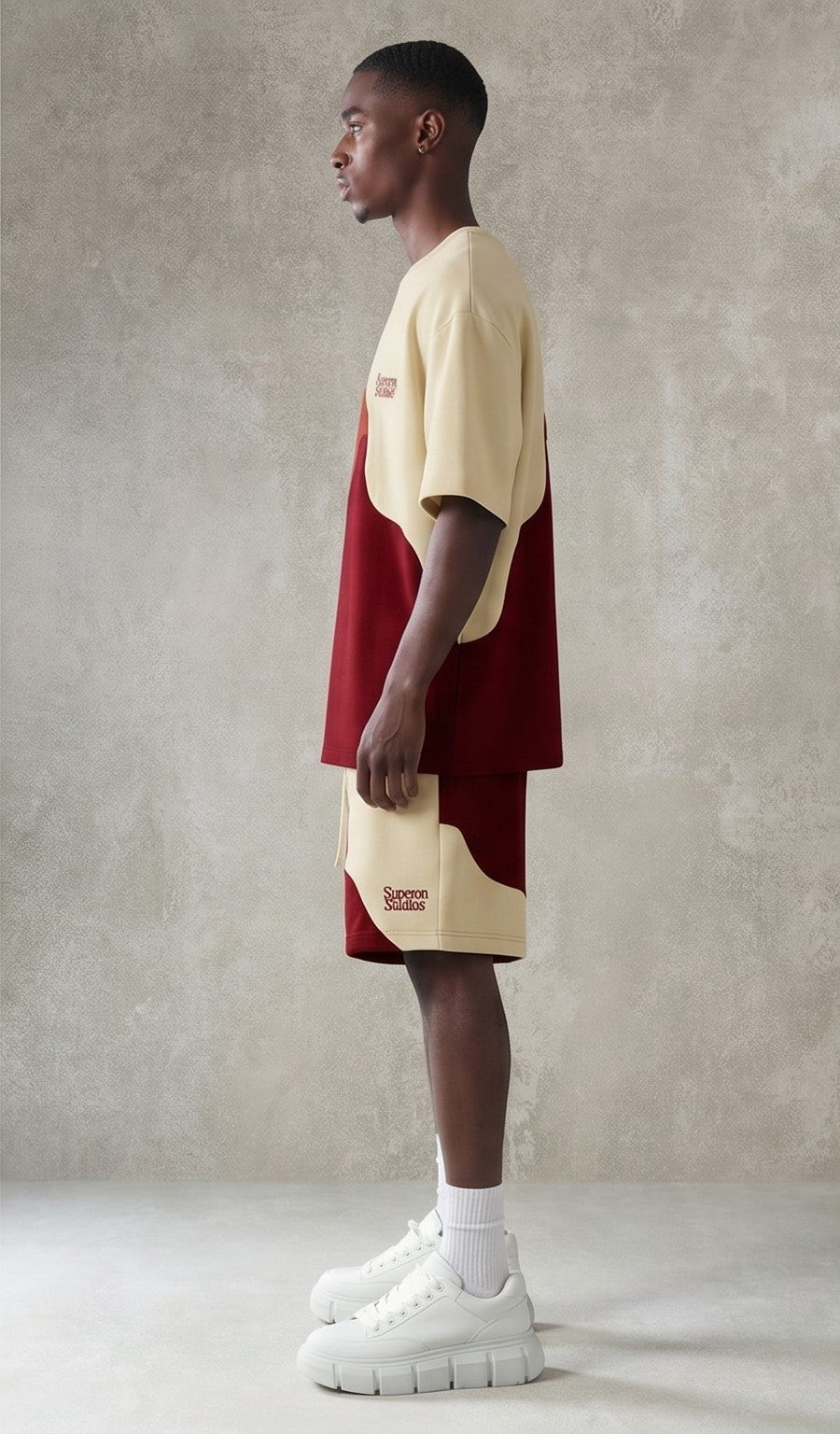 Oversized Color Block Co-Ord Set – Maroon & Beige T-Shirt with Matching Shorts
