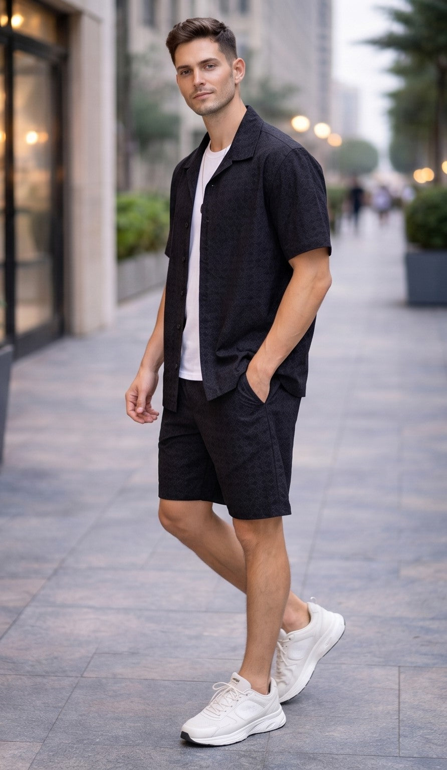 Textured Jacquard Resort Collar Shirt – Black