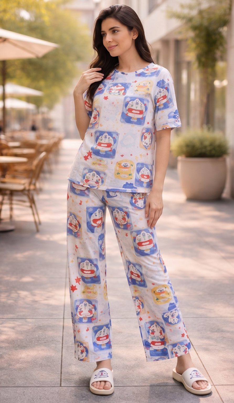 Classic Cartoon Pajama Set – White & Multi