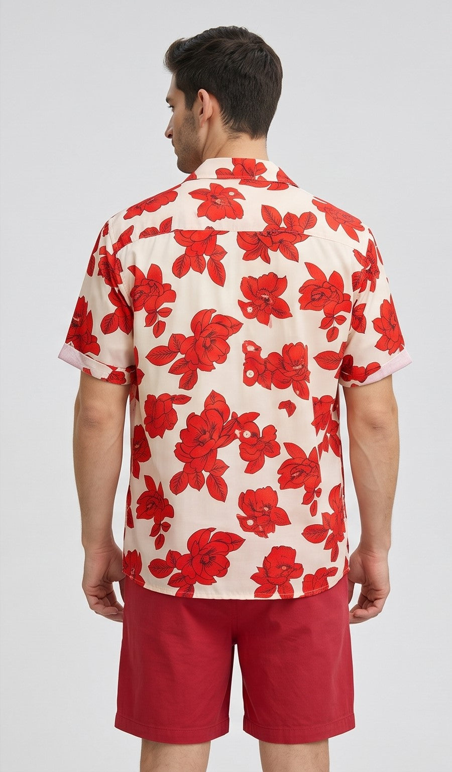 Beige Floral Print Short Sleeve Button-Up Shirt – Red Blossom Design