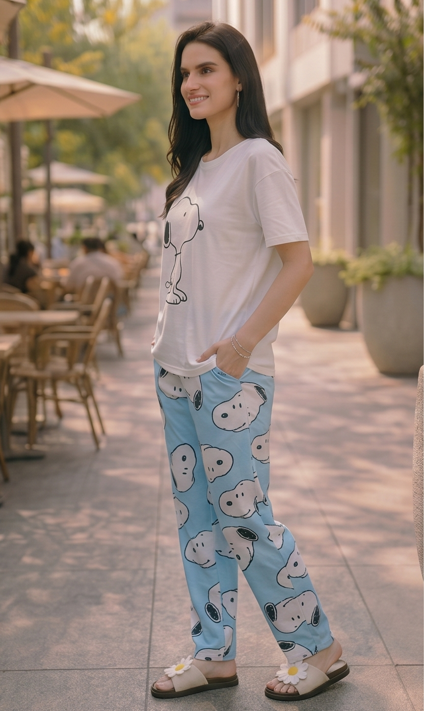 Sky Cartoon Plush Pajama Pants – Light Blue