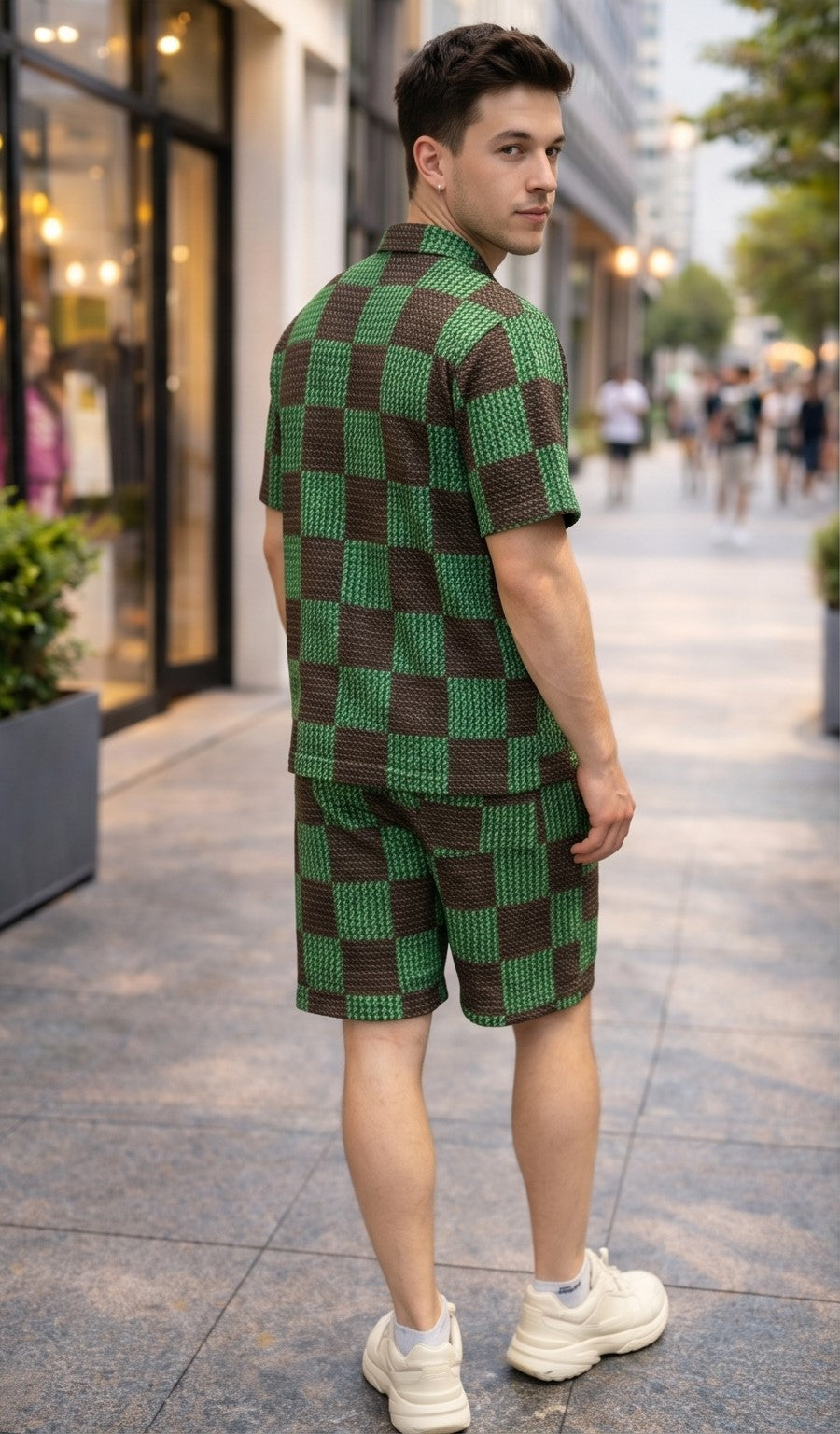Damier Print Silk Co-Ord Set – Green