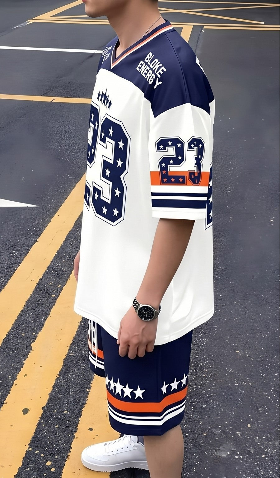 Colorblock Letter Print Jersey T-Shirt & Shorts Set – Navy & White