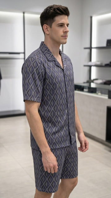 Grey & Blue Patterned Short Sleeve Button-Up Shirt – Modern Casual Fit