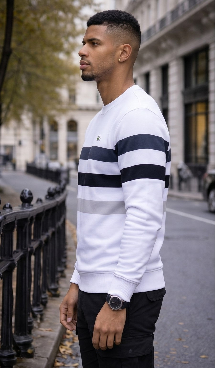 Lacoste Striped Crew Neck Sweater - White, Navy & Grey