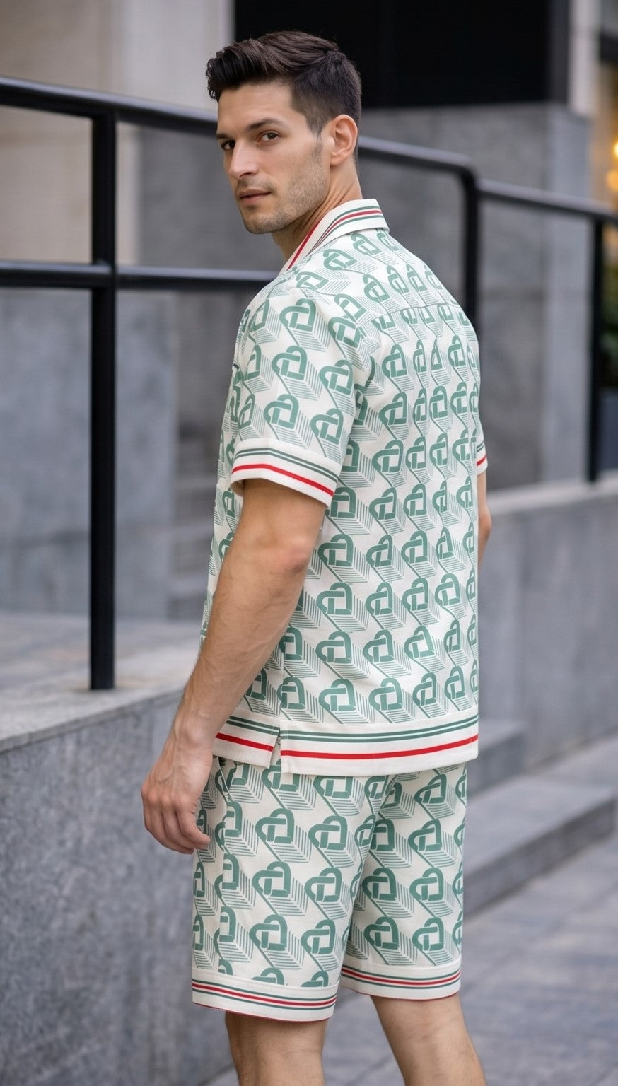 Heart Monogram Silk Button-Up Shirt – Fern Green & Cream White