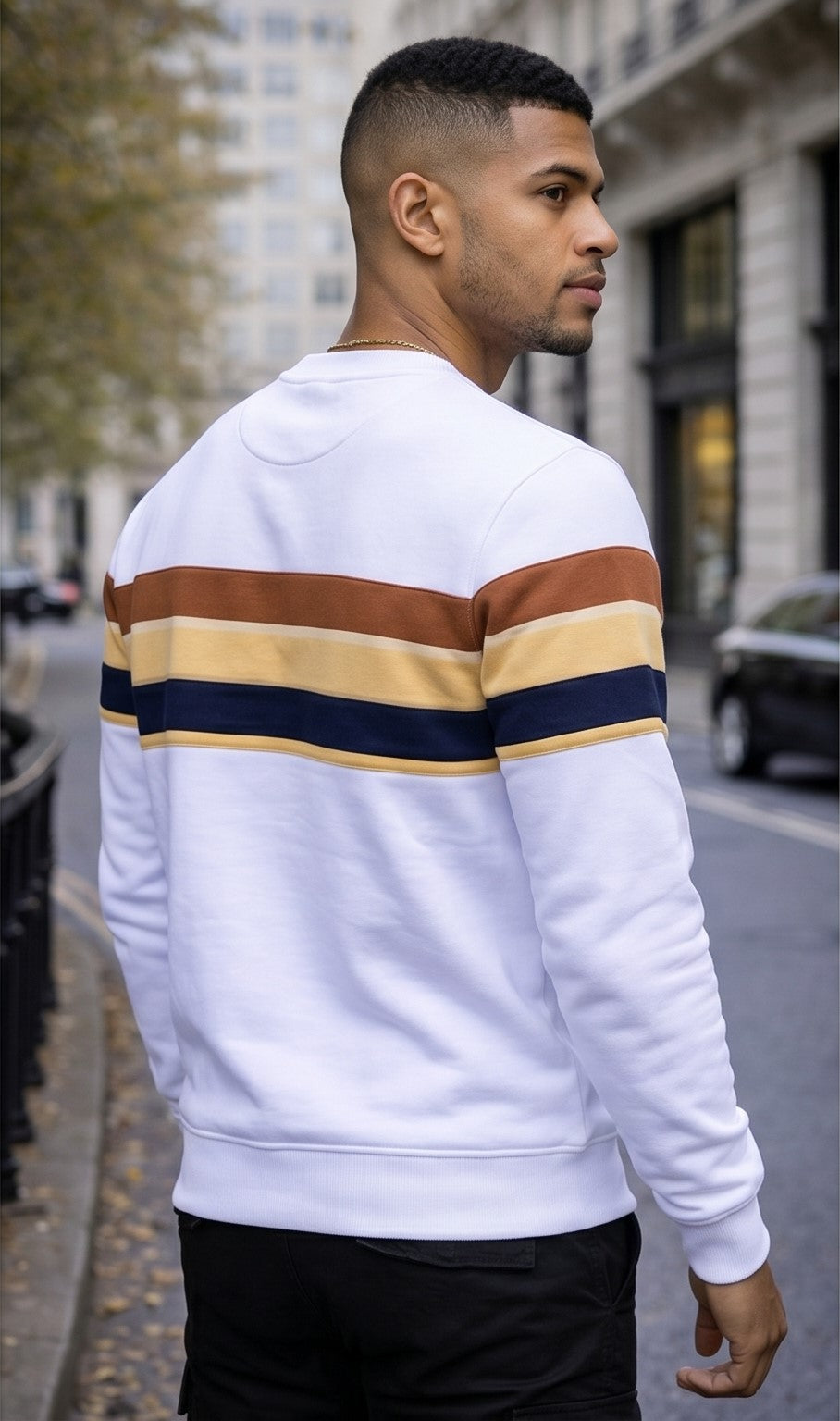 Colorblock Stripe Fleece Crewneck Sweatshirt – White, Brown, Beige & Navy