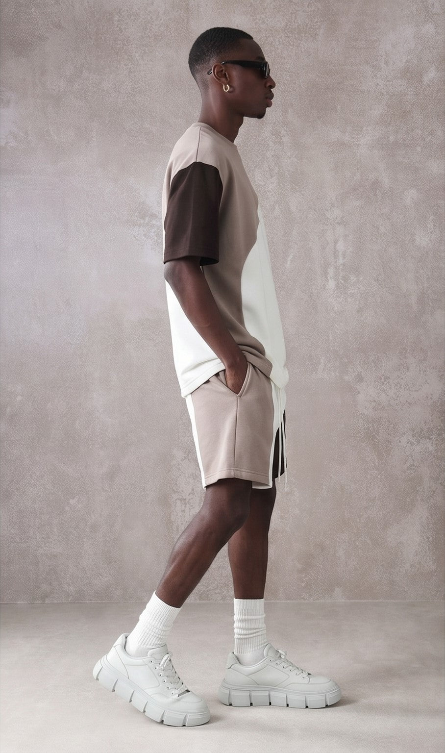 Color Block Casual T-Shirt – Beige, White & Black