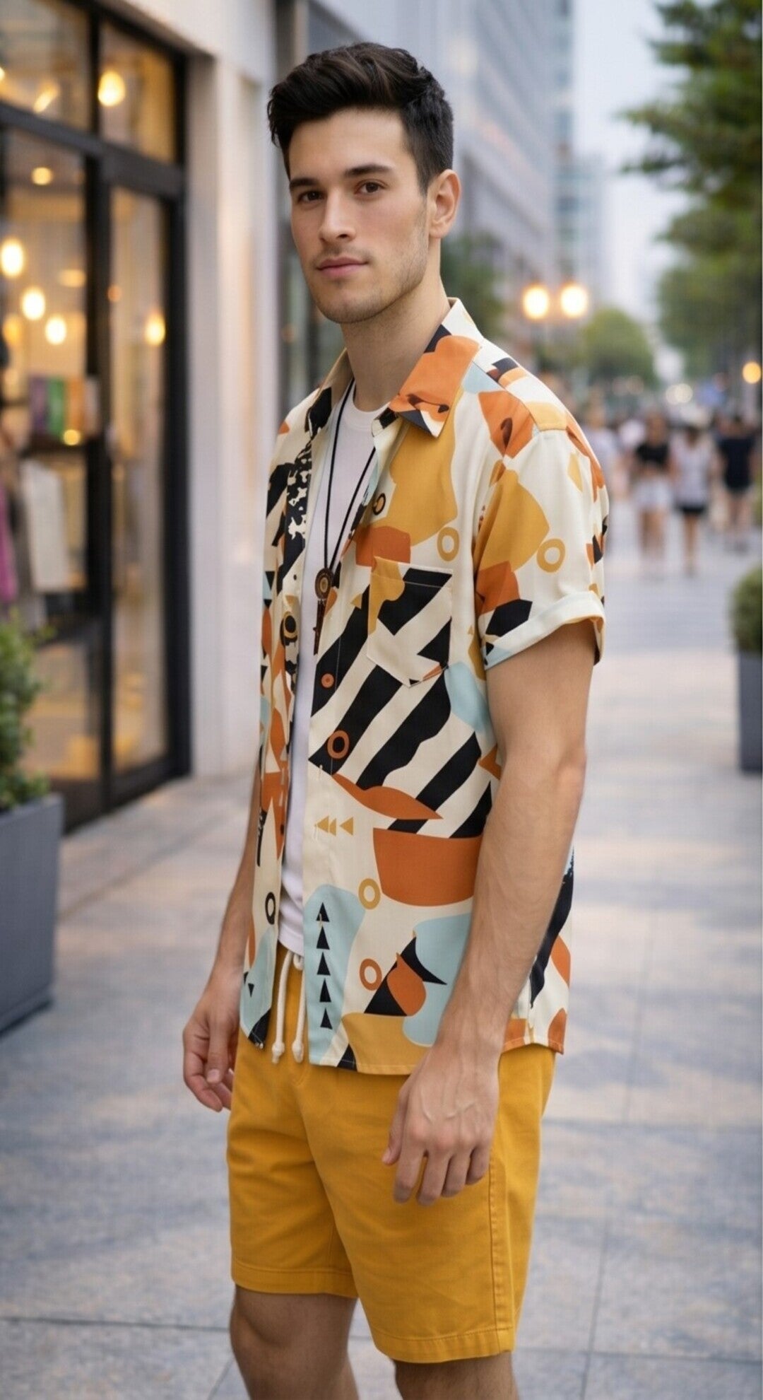 Abstract Geometric Print Short Sleeve Button-Up Shirt – White, Orange & Black
