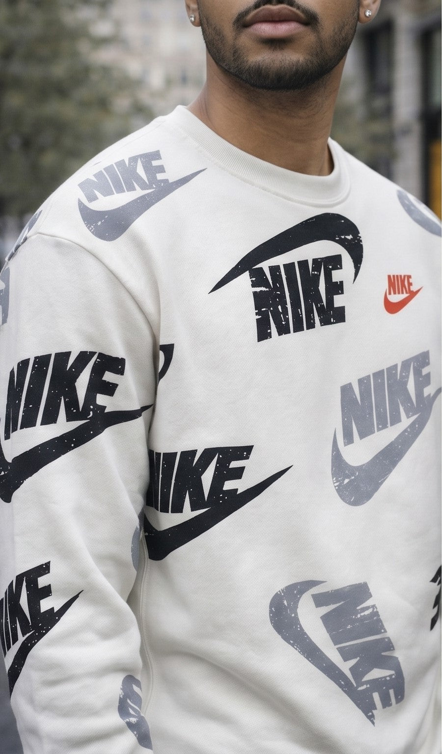 White All-Over Logo Print Street Sweatshirt – Black & Grey Accents