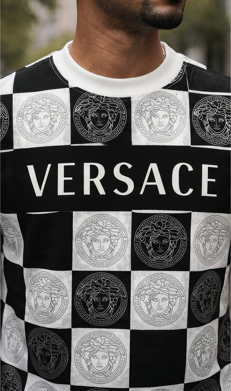 Monochrome All-Over Pattern Wool Blend Sweater – Black & White